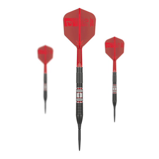 Das Bild zeigt drei Steeldarts des Modells „Target Gabriel Clemens 95K Swiss Point“. Die Darts haben schwarze Spitzen, schwarze Griffbereiche und rote Flights.