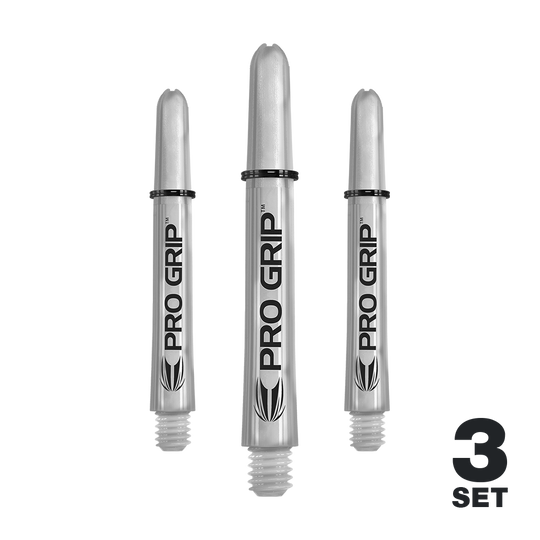 Das Bild zeigt drei transparente Pro Grip Shafts für Darts. In der unteren rechten Ecke steht "3 Set", was auf ein Set von drei Stück hinweist.