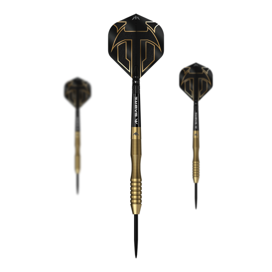 Mission Viktor Tingstrom Gold Steeldarts - 22g Mission Viktor Tingstrom Gold Steeldarts - 22g als Set dargestellt. Das Foto zeigt das komplette Set der Steeldarts.