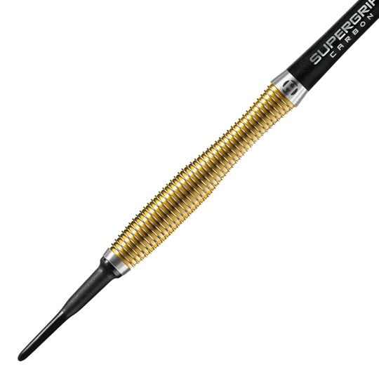 Harrows Anniversary Edition V-Wing Softdarts - 18g Das Bild zeigt einen goldfarbenen Softdart der Marke Harrows, Modell Anniversary Edition V-Wing mit 18g Gewicht. Der Dart hat eine strukturierte Griffzone und eine schwarze Kunststoffspitze.