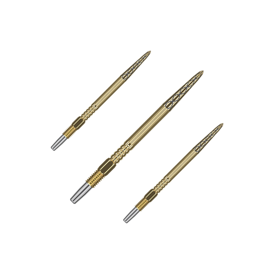 Auf dem Bild sind drei goldfarbene Dartspitzen zu sehen. Sie haben ein feines, geriffeltes Muster und eine silberne Spitze am Ende.