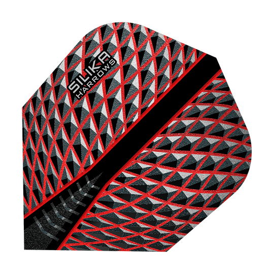 HR80_Harrows_Silika_Red_No6_Flights_1bnefdF3ncO2HY Das Bild zeigt das Produkt "Harrows Silika Red No6 Flights". Das Flight-Design ist überwiegend rot, schwarz und silber mit einem geometrischen Muster.