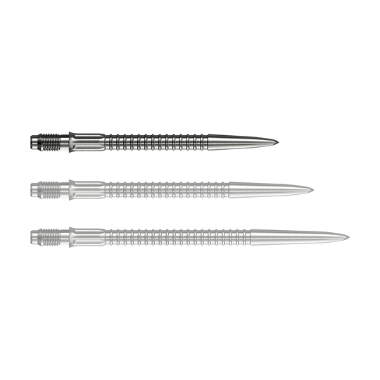 Zu sehen sind Mission R25 Rapid Point GV1 Dartspitzen, silberfarben und 30mm lang. Die Spitzen sind für den Austausch an Darts geeignet.
