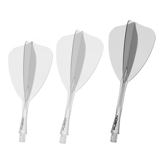 Das Bild zeigt ein Winmau Fusion Flight Shaft System in klarer 34mm Ausführung. Es handelt sich um einen Bestandteil für Dartpfeile.