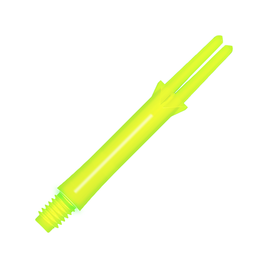 Das Bild zeigt einen geraden, neon-gelben Dart-Schaft mit Gewinde. Er ist etwa 39 mm lang und hat zwei Schlitze am Ende.
