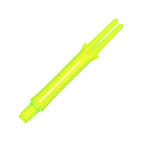 L-Style L-Shafts Locked Straight - Neon Yellow 260 Das Bild zeigt einen geraden, neon-gelben Dart-Schaft mit Gewinde. Er ist etwa 39 mm lang und hat zwei Schlitze am Ende.