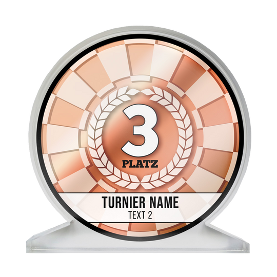 Auf dem Bild ist eine bronzene Medaille für den 3. Platz zu sehen. Darauf steht "3 Platz" und darunter ist Platz für den Namen des Turniers und einen weiteren Text.