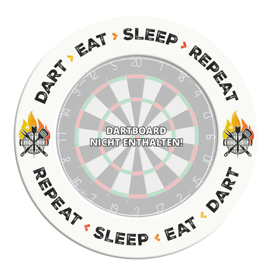 McDart Dartboard Surround - Dart Eat Sleep Repeat Auf diesem Bild steht der Text 'Dart Eat Sleep Repeat' in weiß auf einem Hintergrund. Das Bild ist wahrscheinlich ein Design oder Zubehör für Dartliebhaber.