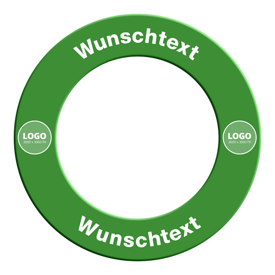 Hier ist ein grüner Dartboard-Surround mit individuellem Wunschdruck und Textlogo abgebildet. Dieses Zubehör dient als Schutz für Dartscheiben und kann individuell gestaltet werden.