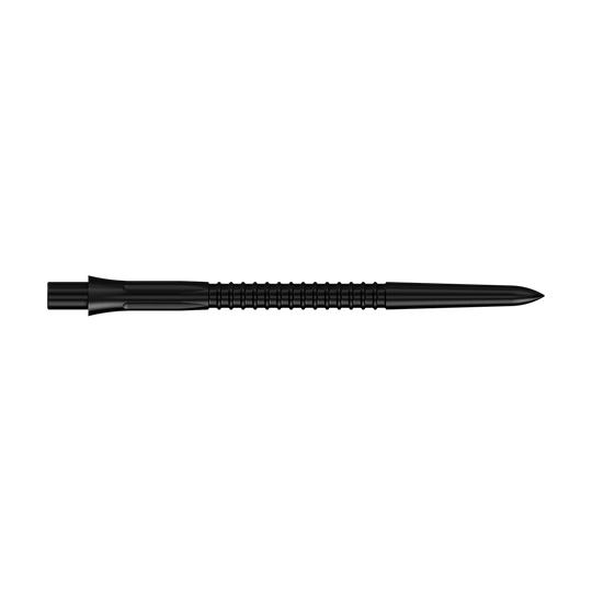 Auf dem Bild ist eine schwarze Steeldartspitze zu sehen. Es handelt sich vermutlich um Mission Caliburn EVO GV1 mit einer Länge von 38mm.
