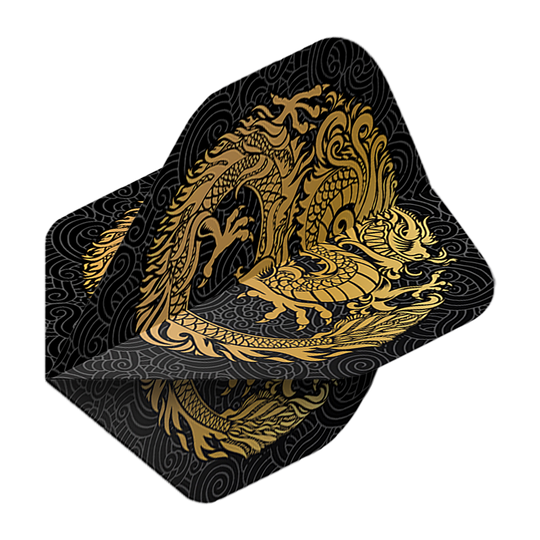 Pentathlon Flights Dragon schwarz Auf dem Bild ist ein Pentathlon Dragon 2 Standard Flight zu sehen. Das Flight ist schwarz und mit einem goldenen Drachen verziert.