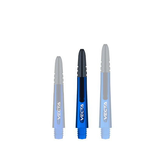 Das Bild zeigt drei blaue Winmau Vecta Shafts, die als Ersatzteile für Dartpfeile verwendet werden. Sie haben eine glänzende Oberfläche und das Wort "VECTA" ist in Weiß darauf zu sehen.