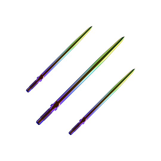 Bulls NL Convertible Point Dartspitzen - Smooth - Rainbow Ein Bild mit dem Dateinamen BU57716_BullsNL_Convertible_Points_Smooth_Rainbow_36mm_1Set. Es zeigt wahrscheinlich ein Set von Dartspitzen in Regenbogenfarben.