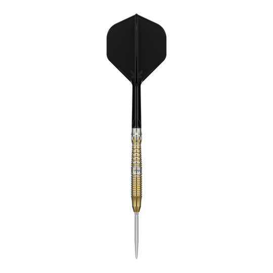 Das Produkt zeigt die Target Japan Black Marque Enzo Swiss Point Steeldarts. Diese Darts sind besonders für Präzision und Stil bekannt.