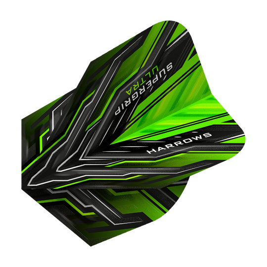 Das Bild zeigt die Harrows Supergrip Ultra Green Standard Flights. Sie sind überwiegend grün und schwarz mit einem modernen, auffälligen Design.