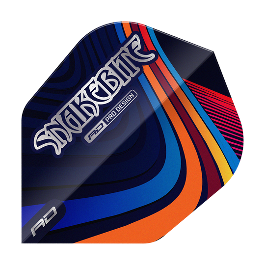 Das Bild zeigt ein Dart-Flight mit dem Aufdruck "Snakebite" und farbenfrohen, geschwungenen Linien. Das Design ist modern und hebt sich durch seine bunten Muster hervor.
