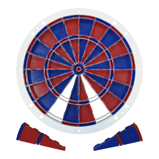 Löwen Dart Ersatzteile 82er Segment- und Spider Set Auf dem Bild ist ein Ersatzteil-Set für eine elektronische Dartscheibe zu sehen. Die Segmente sind abwechselnd rot und blau gefärbt und werden von einem weißen Rahmen gehalten.