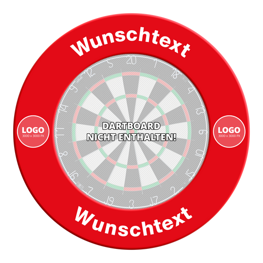 Surround mit Wunschdruck Hier ist eine Dartboard-Surround mit Wunschdruck in roter Farbe zu sehen. Die Datei heißt "MC-2012_Dartboard_Surround_mit_Wunschdruck_Rot_TextLogo_1".