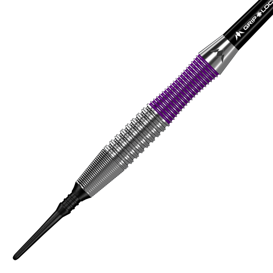 Mission Phantom Brass Softdarts - 18g Das Bild zeigt den Mission Phantom Brass Softdart mit einem Gewicht von 18 Gramm. Der Dart hat ein silbernes Griffstück mit lila Akzenten und einer schwarzen Spitze.
