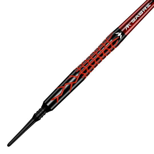 Mission Lava Softdarts - 20g Das Bild zeigt den Mission Lava Softdart mit einem Gewicht von 20 Gramm. Der Dartpfeil hat ein auffälliges schwarzes und rotes Design mit geometrischem Muster auf dem Griff.