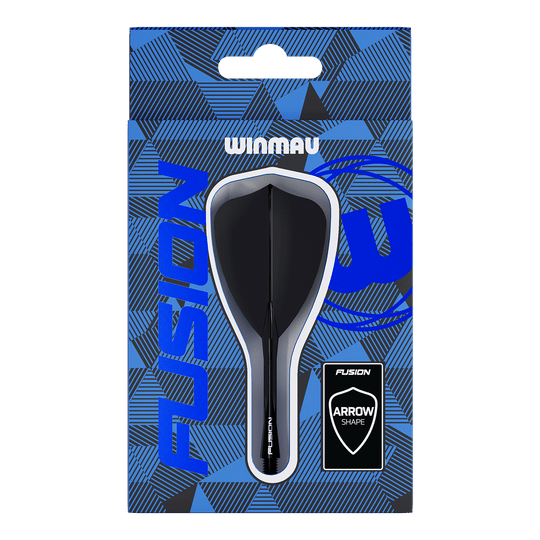 Das Bild zeigt eine Verpackung mit einem Winmau Fusion Flight-Shaft-System in Pfeilform. Die Verpackung ist hauptsächlich blau mit geometrischen Mustern und der Aufschrift "FUSION".