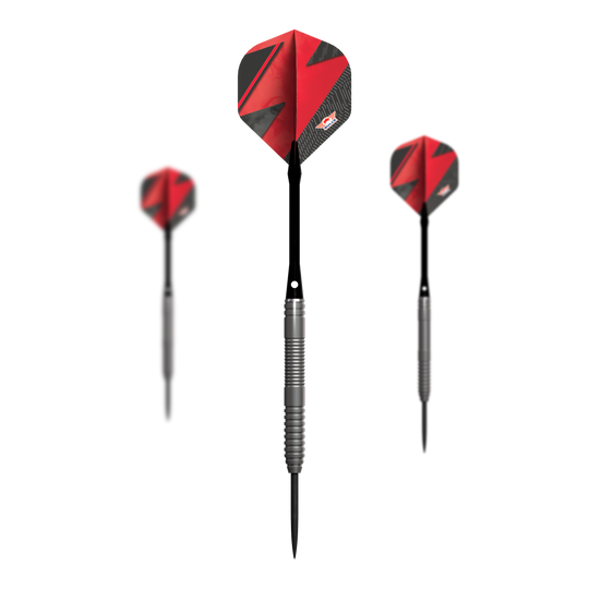 Bulls NL Lightning Red Steeldarts Das Bild zeigt drei Steeldarts mit silbernen Griffen und roten Flights. Es handelt sich um das Produkt "Bulls NL Lightning Red Steeldarts".
