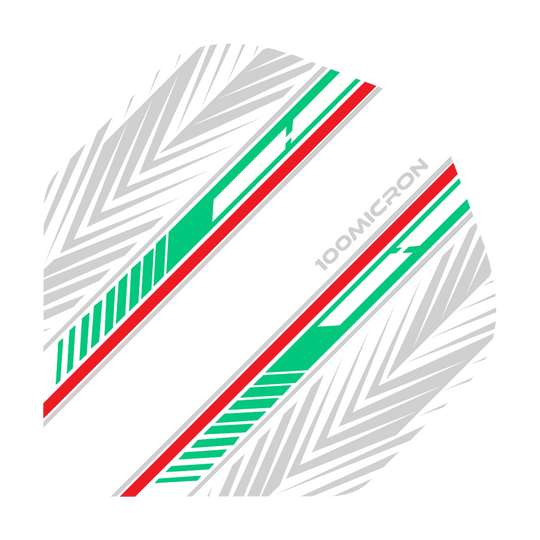 Pentathlon Flights weiß/grün/rot Das Bild zeigt einen Pentathlon White Green Red No2 Standard Flight für Darts. Das Design besteht aus weißen, grünen und roten Streifen sowie grauen Pfeilmustern auf weißem Hintergrund.
