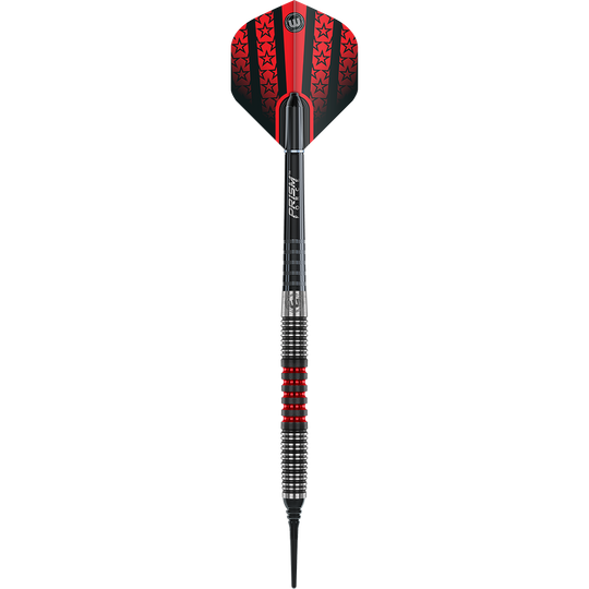 2443_Winmau_Joe_Cullen_90_Softdarts_1dnHCdz3eFoY3E Das Bild zeigt einen Winmau Joe Cullen Softdart. Der Dart hat ein auffälliges Design mit roten und schwarzen Elementen und einem silbernen Griff.