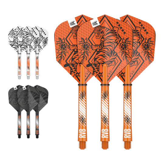 Auf dem Bild sind drei Sets von Dart-Flights und Schäften in den Farben Orange, Weiß und Schwarz zu sehen. Jedes Set ist mit einem Tiger-Design und den Initialen "RVB" verziert.
