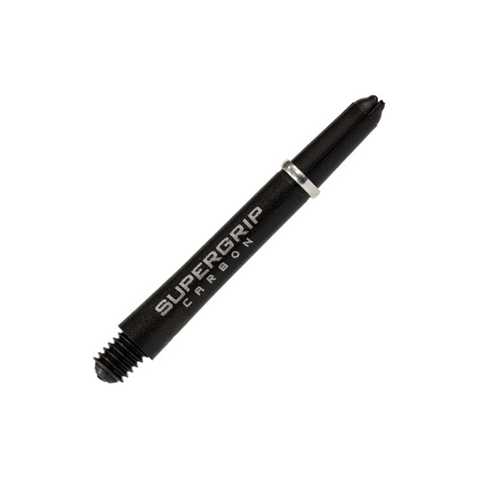 HR355_Harrows_Supergrip_Carbon_Shafts_Silber_40mm_2 Das Bild zeigt einen Harrows Supergrip Carbon Shaft in Silber. Der Schaft ist schwarz mit silbernem Ring und weißer Aufschrift.