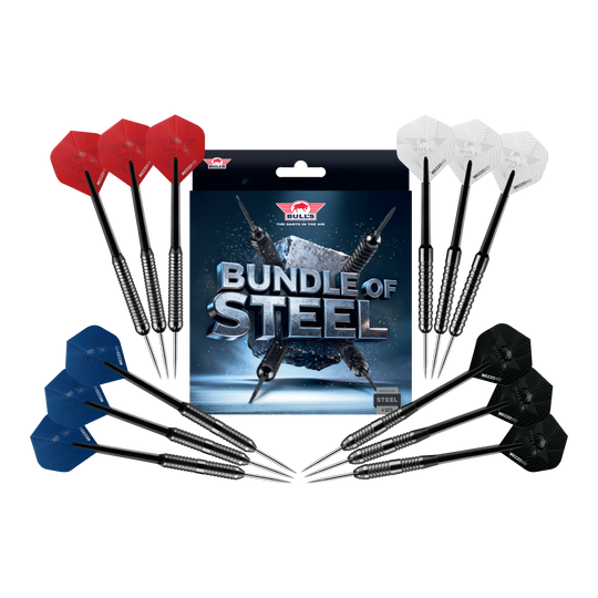 Zu sehen sind die Bulls NL Bundle Of Steel - 4 Sets Brass Steeldarts. Das Produkt bietet vier Sets Messing-Steeldarts für Dartspieler.