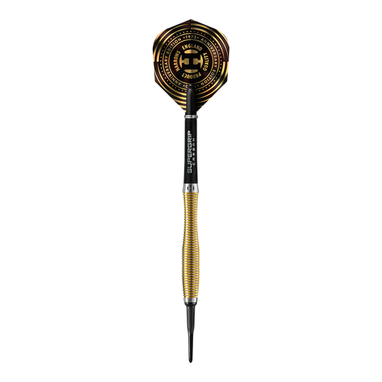 Harrows Anniversary Edition V-Wing Softdarts - 18g Das Bild zeigt einen Harrows Anniversary Edition V-Wing Softdart mit einem Gewicht von 18g. Der Dartpfeil hat einen goldfarbenen, gerillten Schaft und ein auffälliges Flight-Design in Schwarz und Gold.