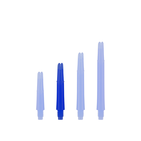 L-Style L-Shafts Locked Straight - Blue 190 Auf dem Bild sind vier blaue Dartschäfte in unterschiedlichen Längen zu sehen. Sie stehen nebeneinander aufrecht vor weißem Hintergrund.