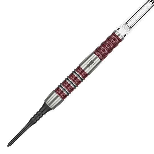 Das Bild zeigt einen Target Stephen Bunting 95K Softdart mit einem Gewicht von 19 Gramm. Der Dart hat ein silbernes und rotes Griffdesign mit einer schwarzen Softspitze.