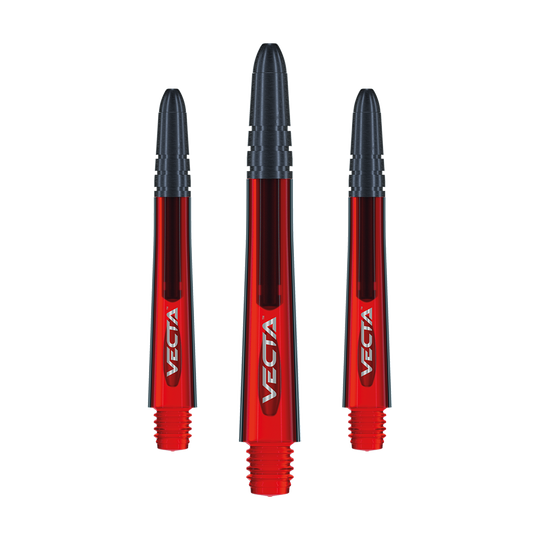 Auf dem Bild sind drei rote Winmau Vecta Shafts zu sehen. Die Schäfte haben schwarze Enden und tragen den Schriftzug "VECTA".