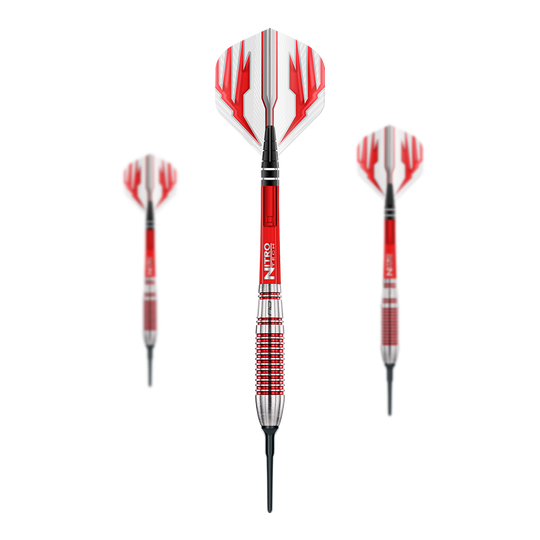 Red Dragon Reflex Softdarts - 22 g Das Bild zeigt drei Red Dragon Reflex Softdarts mit einem Gewicht von 22 g. Die Darts haben rote und silberne Griffe sowie weiße Flights mit roten Mustern.
