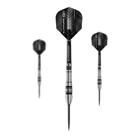 Harrows Supergrip Bomb Quick Point Steeldarts Dieses Bild präsentiert das Set der Harrows Supergrip Bomb Quick Point Steeldarts. Das Set enthält mehrere hochwertige Darts für das Spiel.