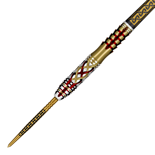 Auf dem Bild sind Shot Goths Alaric Turbo Point Steeldarts mit einem Gewicht von 23g zu sehen. Diese Darts sind ideal für den Einsatz am Steeldartboard.