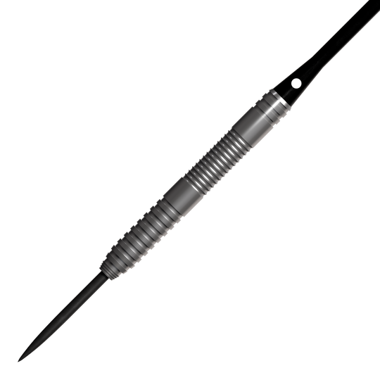 Bulls NL Lightning Red Steeldarts Das Bild zeigt einen Bulls NL Lightning Red Steeldart. Der Dartpfeil hat eine silberne, geriffelte Metalloberfläche und eine scharfe Spitze.