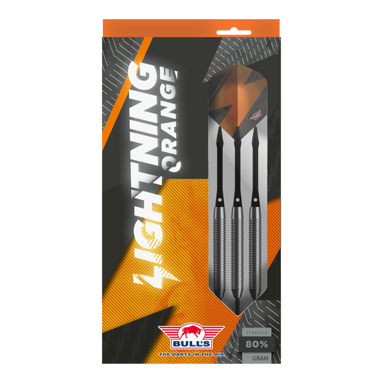 Bulls NL Lightning Orange Steeldarts Das Bild zeigt die Verpackung der "Bulls NL Lightning Orange Steeldarts". In der Packung befinden sich drei Steeldarts mit orange-schwarzem Design.