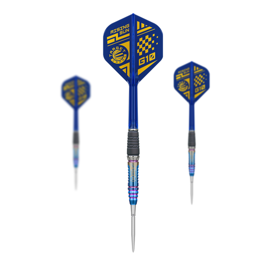 Abgebildet sind die Target Japan Rising Sun GEN10 Swiss Point Steeldarts als komplettes Set. Die Darts werden mit Schaft und Flights präsentiert.