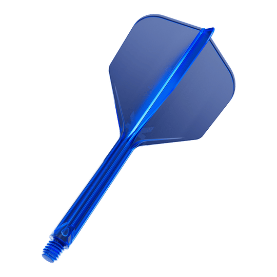 Das Bild zeigt einen blauen Dartflügel mit Schaft. Der Dartflügel ist durchsichtig und hat eine Schraubverbindung am unteren Ende.
