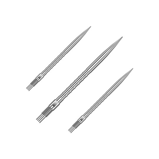 Ein Set von Harrows Quick Point Heavy Metal Grip Dartspitzen in Silber mit 35mm Länge ist zu erkennen. Die Dartspitzen sind zusammen als Gruppe angeordnet.