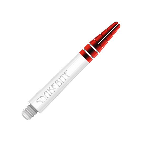 Das Bild zeigt einen roten Dart-Schaft von Red Dragon mit der Aufschrift "Snakebite". Der Schaft ist teils transparent, teils rot gefärbt und misst 39 mm.