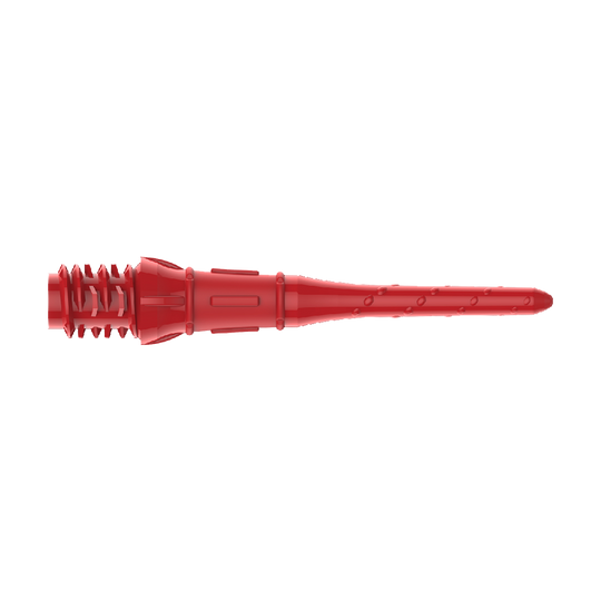 Das Bild zeigt eine rote Dartspitze aus Kunststoff. Sie hat ein spezielles Design mit Rillen und einer verstärkten Basis.