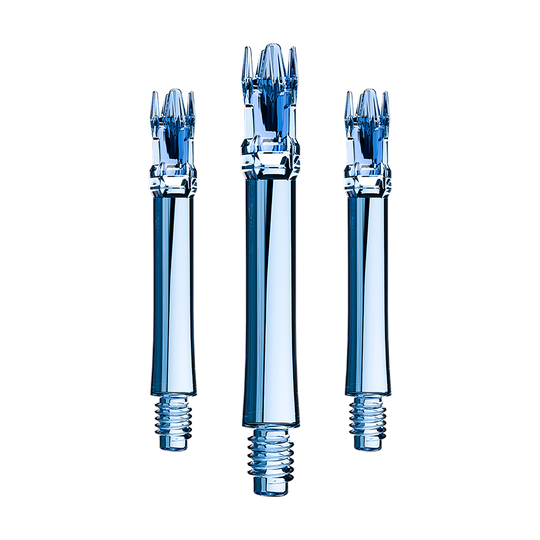L-Style L-System Ersatzshafts - Clear Blue Das Bild zeigt ein Set blauer transparenter Ersatzshafts. Die Shafts sind ordentlich aneinander gelegt.