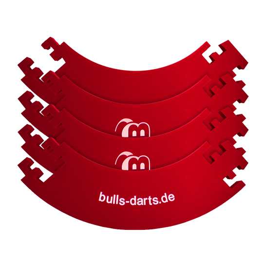 DBS3R_Bulls_Quarterback_Surround_Rot_3 Das Bild zeigt vier rote Viertelkreise mit dem Aufdruck „bulls-darts.de“. Diese Teile gehören zum Produkt „Quarterback Surround“ für eine Dartscheibe.