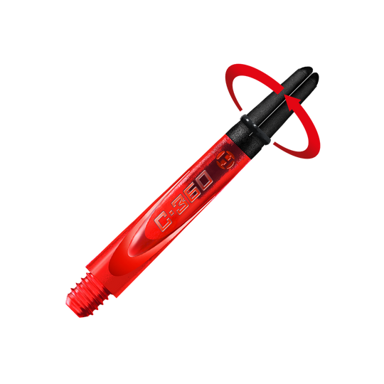 Das Bild zeigt einen roten Harrows Carbon 360 Dart-Schaft mit schwarzer Spitze. Auf dem Schaft steht die Aufschrift „C:360“.