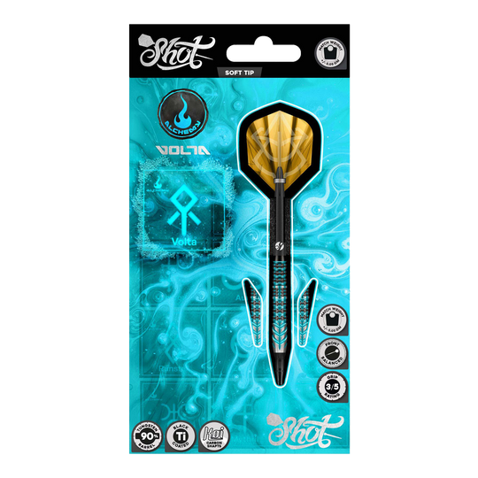 Shot Alchemy Volta Softdarts - 20g Abgebildet sind die Shot Alchemy Volta Softdarts - 20g aus einer detaillierten Ansicht. Diese Softdarts eignen sich gut für das Dartspiel.