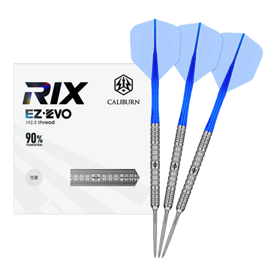 Caliburn Rix EZ-EVO R1 Steeldarts Das Bild zeigt das vollständige Set der Caliburn Rix EZ-EVO R1 Steeldarts. Es handelt sich um professionelle Steeldarts für ambitionierte Spieler.